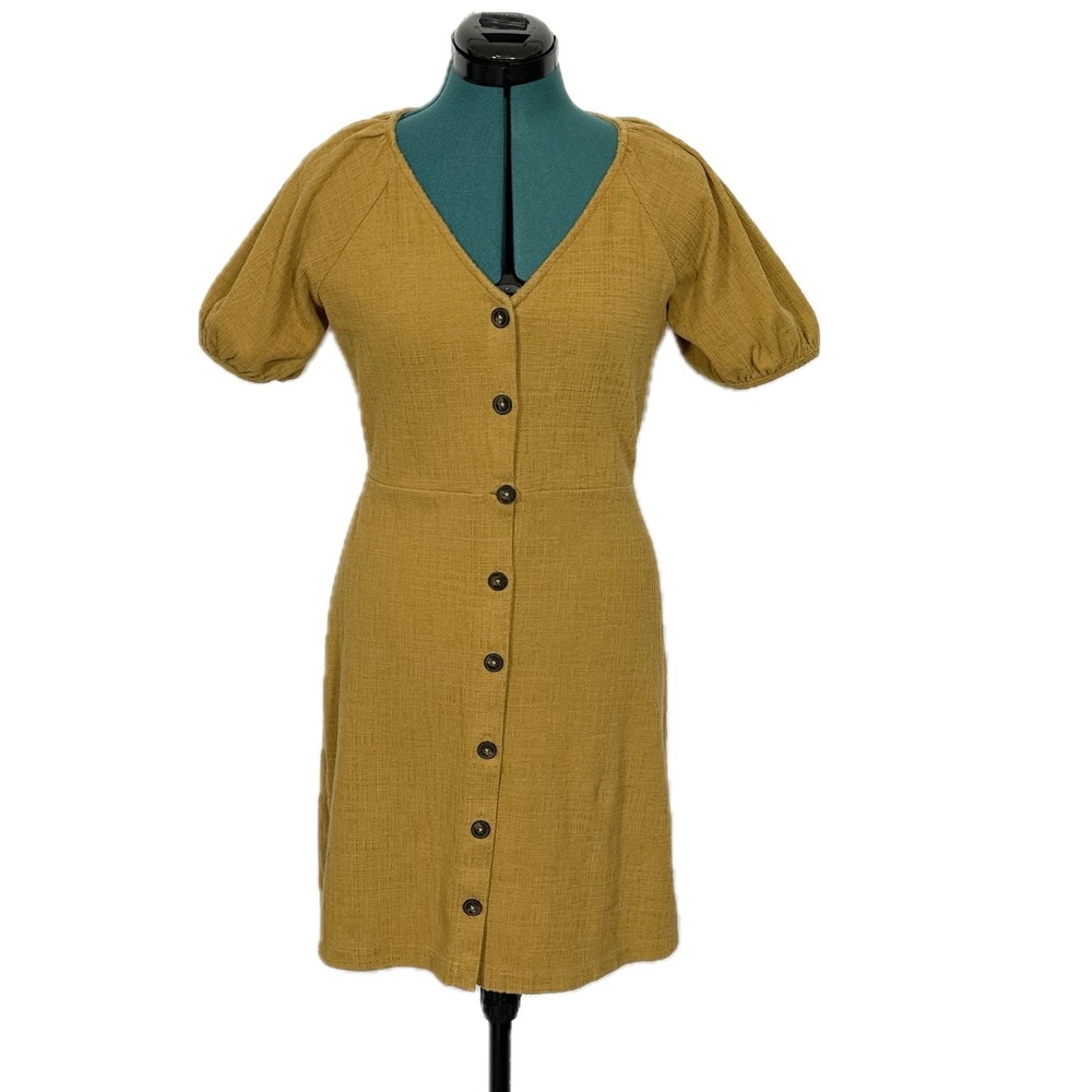 Madewell Texture & Thread Button Front Dress S Mustard Yellow Puff Sleeve A-Line